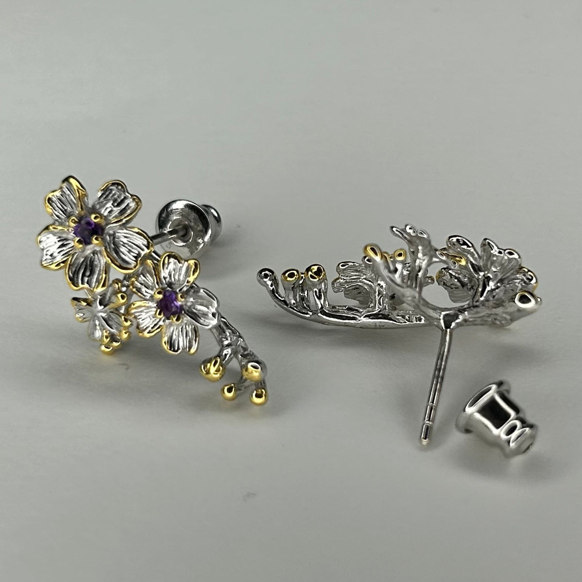 Pair of floral earrings on a gray background