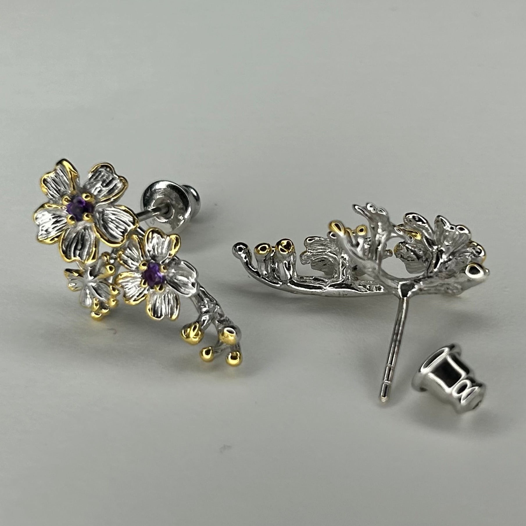 Pair of floral earrings on a gray background