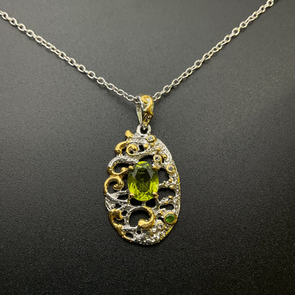 Decorative necklace with a green peridot gemstone on a dark background