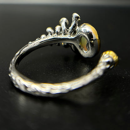 Silver ring with intricate design on a black background