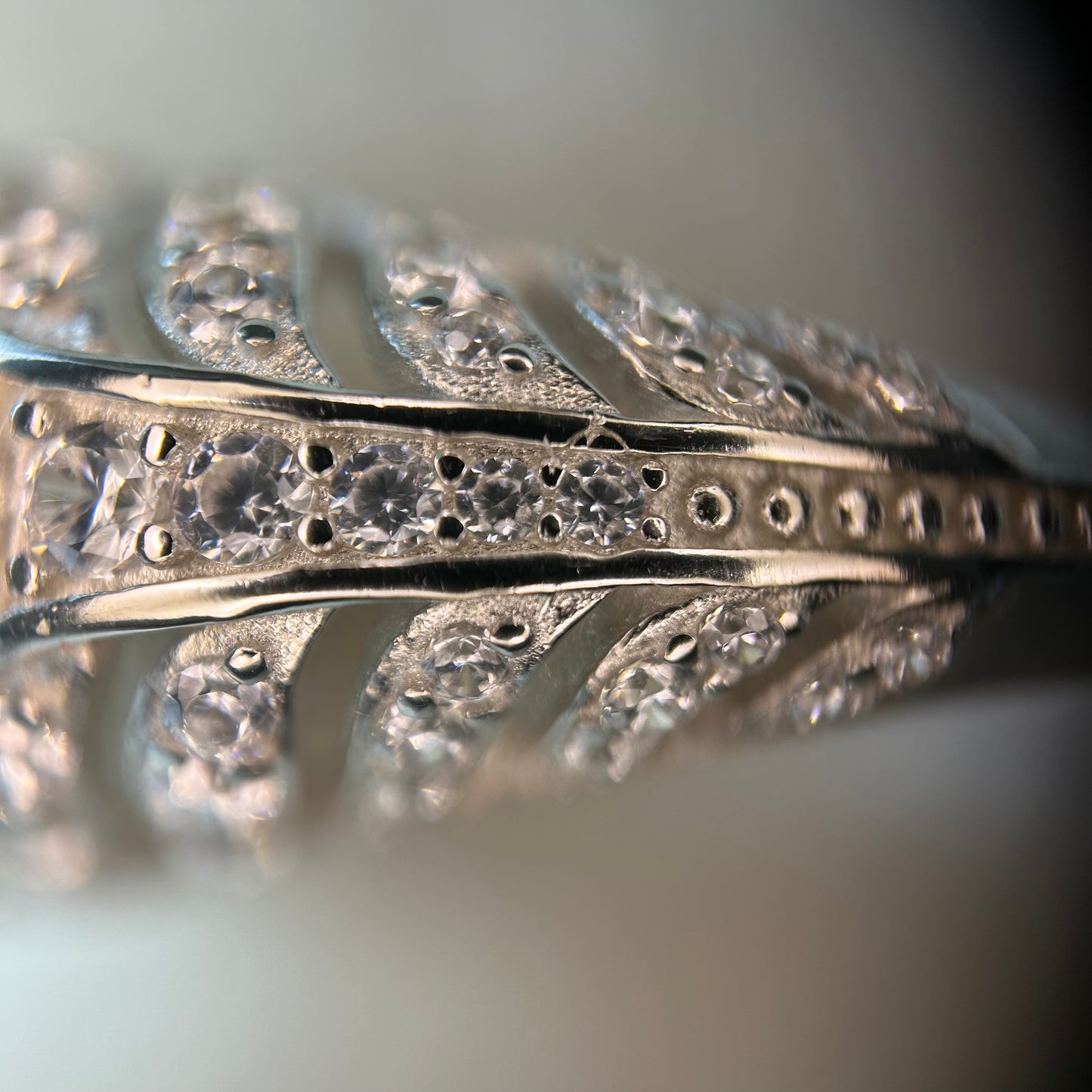 Close-up of a silver ring with intricate design on a blurred background