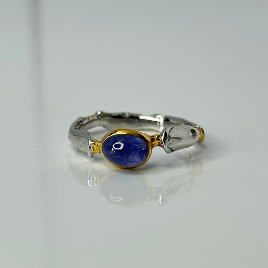 Silver and gold ring with a blue tanzanite gemstone on a light gray background