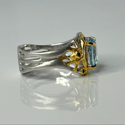 A silver and gold ring featuring a rectangular light blue gemstone, shown on a reflective light gray background.