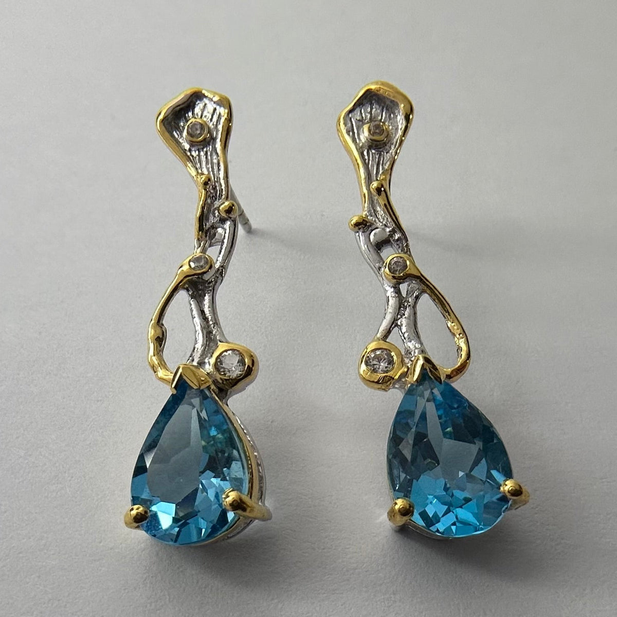 Pair of earrings with blue gemstones on a gray background