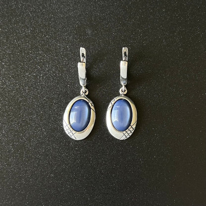 Pair of silver earrings with blue stones on a black background