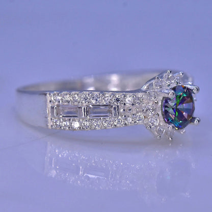 Silver ring with a colorful mystic quartz on a light purple background